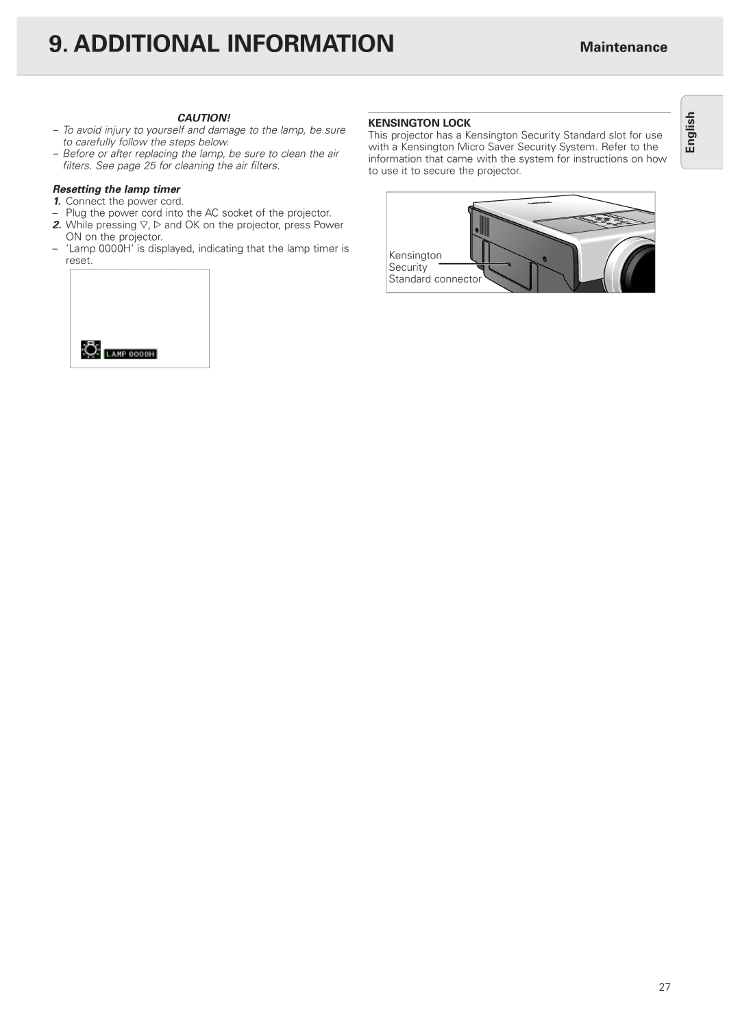 Philips PXG10 manual Resetting the lamp timer, Kensington Lock 