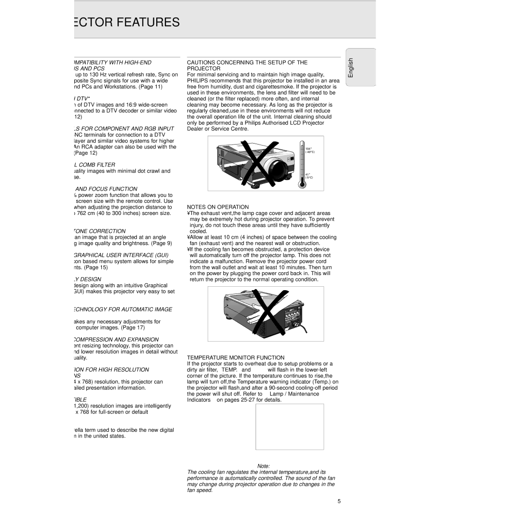 Philips PXG10 manual Projector Features, Temperature Monitor Function 