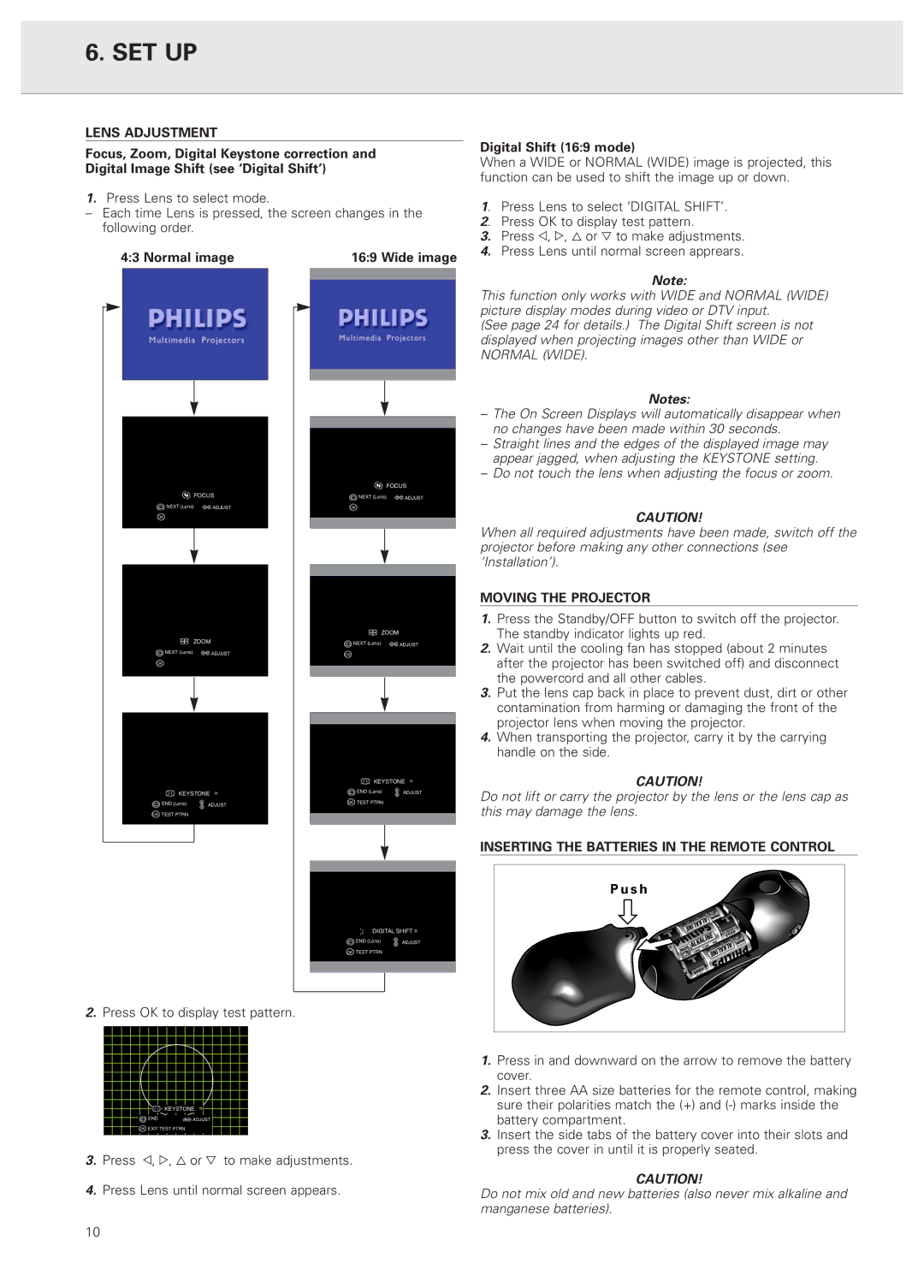 Philips PXG20 manual Lens Adjustment, Moving the Projector, Inserting the Batteries in the Remote Control 