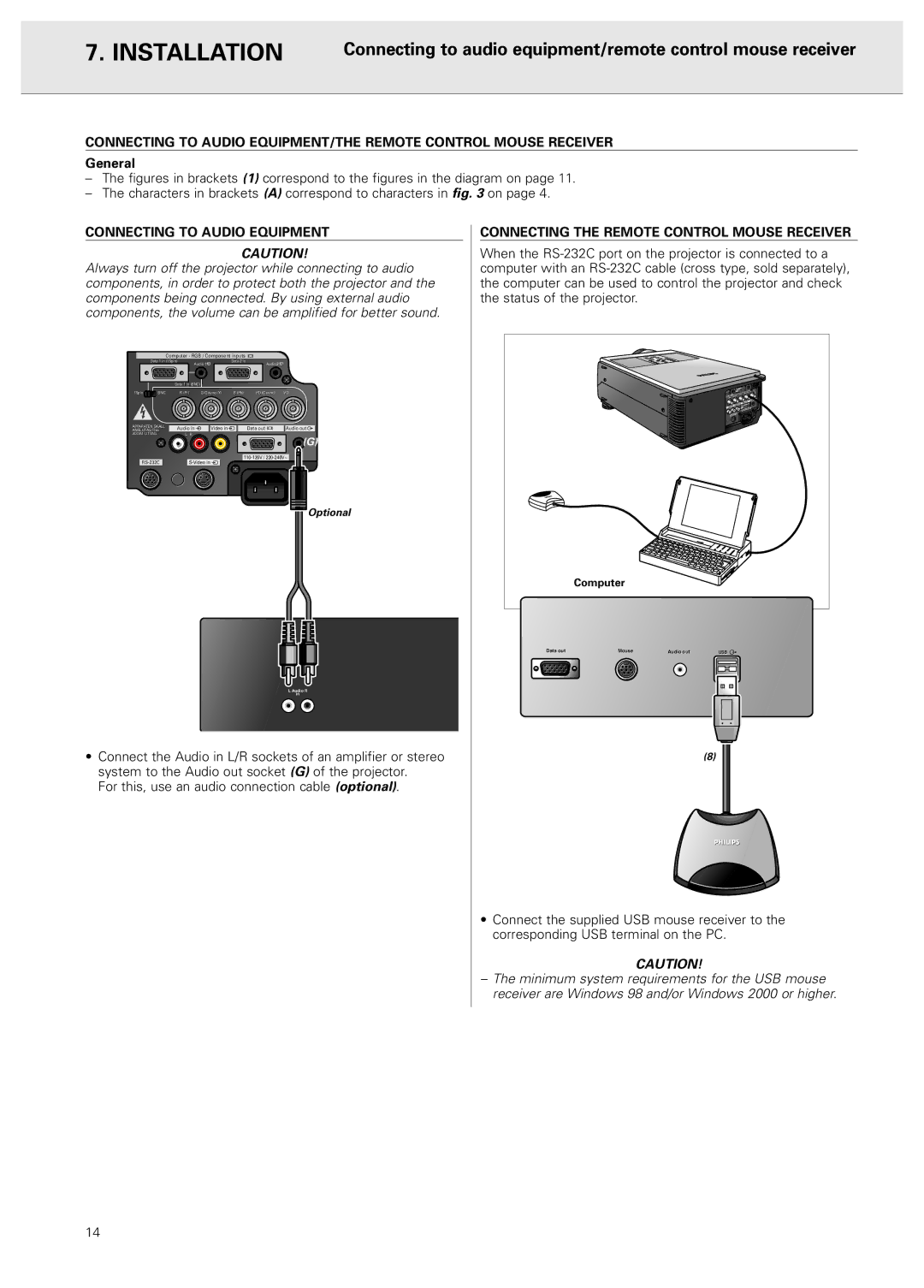 Philips PXG20 manual Connecting to audio equipment/remote control mouse receiver, Connecting to Audio Equipment 