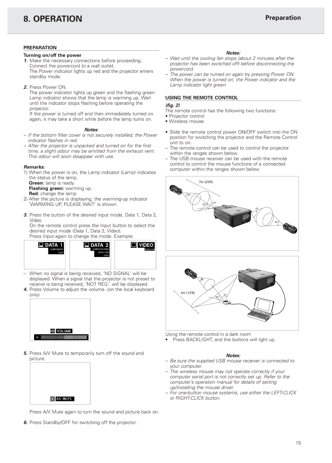 Philips PXG20 manual Operation, Preparation, Remarks, Using the Remote Control 