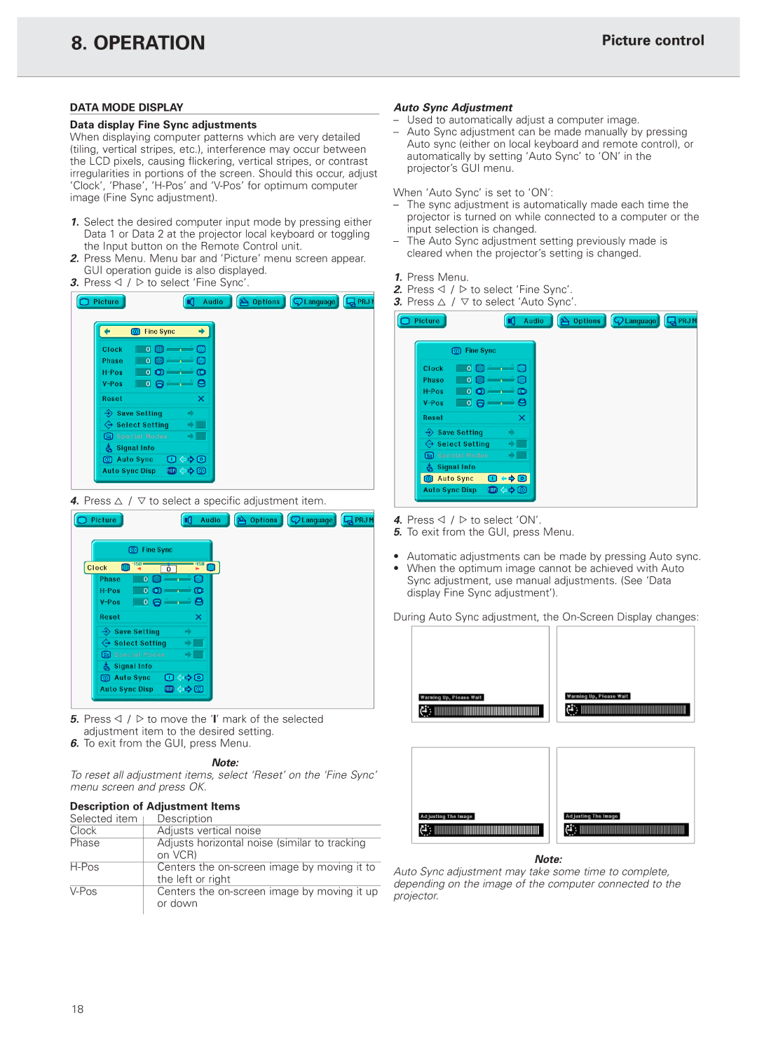 Philips PXG20 Data Mode Display, Data display Fine Sync adjustments, Description of Adjustment Items, Auto Sync Adjustment 