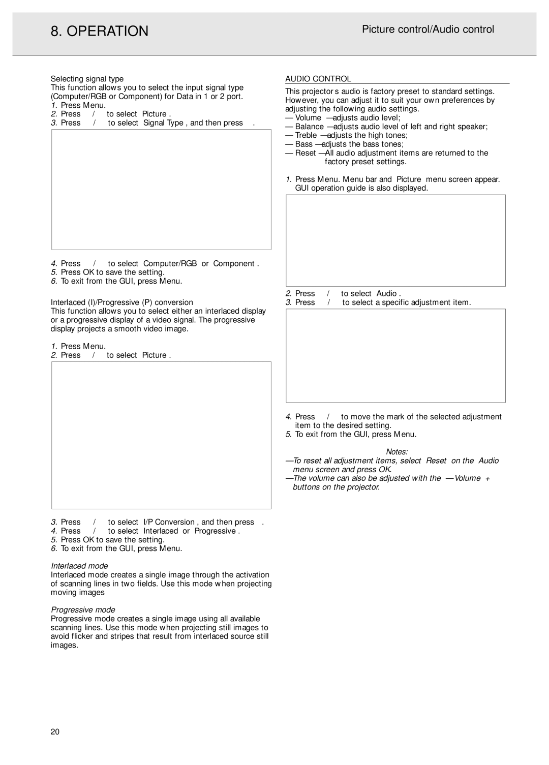 Philips PXG20 manual Picture control/Audio control, Interlaced mode, Progressive mode, Audio Control 