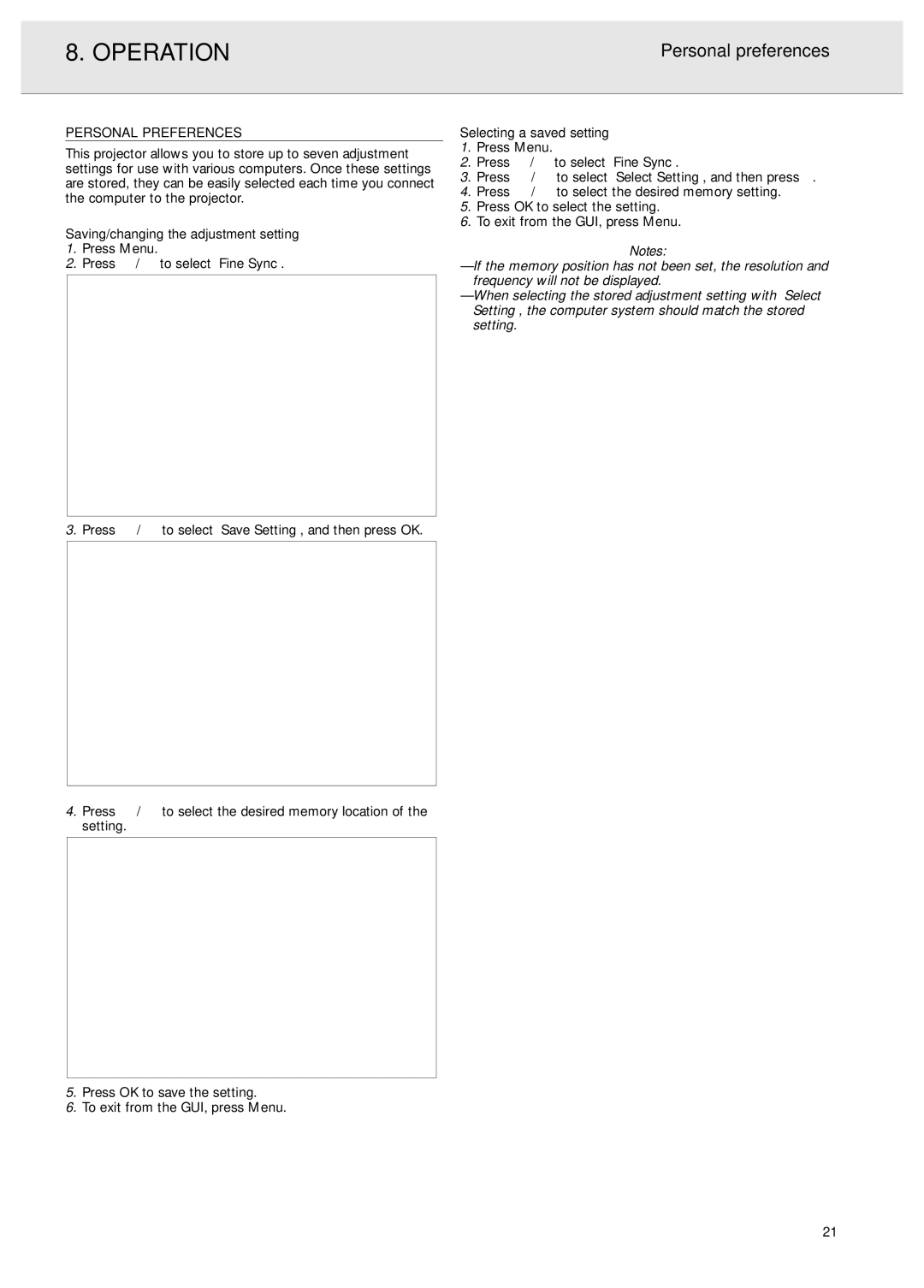 Philips PXG20 manual Personal preferences, Personal Preferences, Saving/changing the adjustment setting 