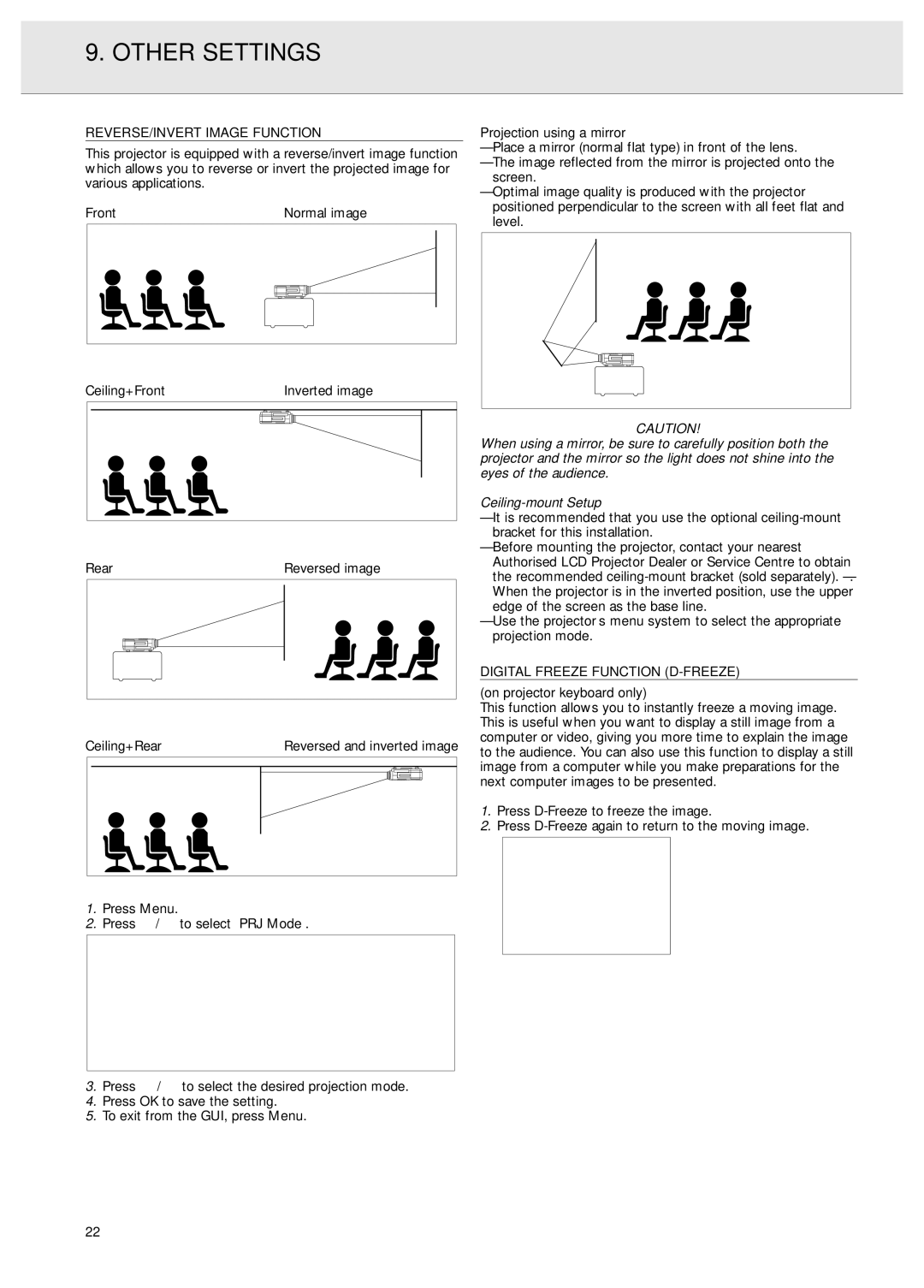 Philips PXG20 manual Other Settings, REVERSE/INVERT Image Function, Ceiling-mount Setup, Digital Freeze Function D-FREEZE 