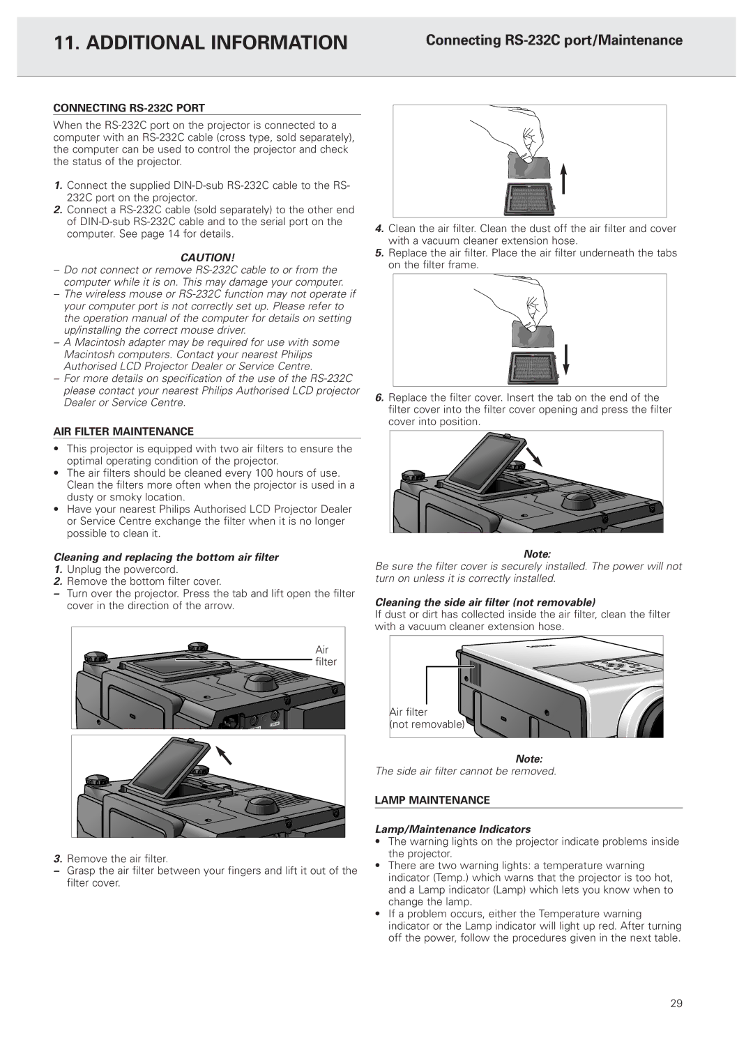 Philips PXG20 Additional Information, Connecting RS-232C port/Maintenance, Cleaning and replacing the bottom air filter 