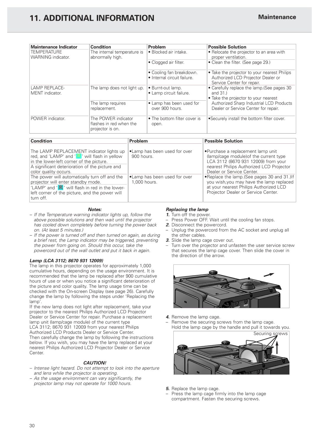 Philips PXG20 Maintenance Indicator Condition Problem Possible Solution, Lamp LCA 3112 8670 931, Replacing the lamp 