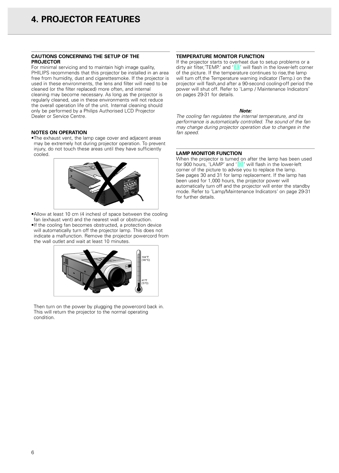 Philips PXG20 manual Temperature Monitor Function, Lamp Monitor Function 