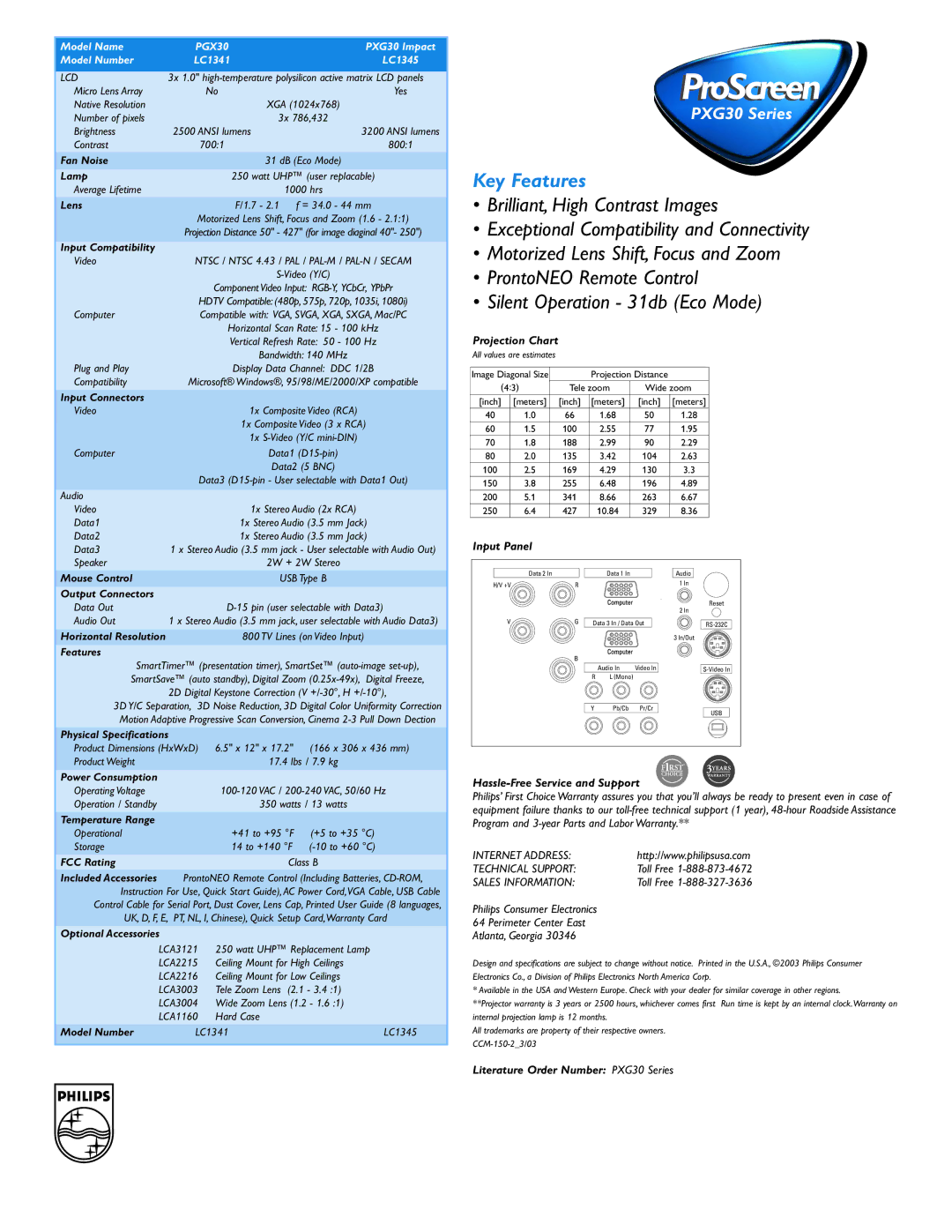 Philips PXG30 Series manual Fan Noise, Lamp, Lens, Input Compatibility, Input Connectors, Mouse Control, Output Connectors 