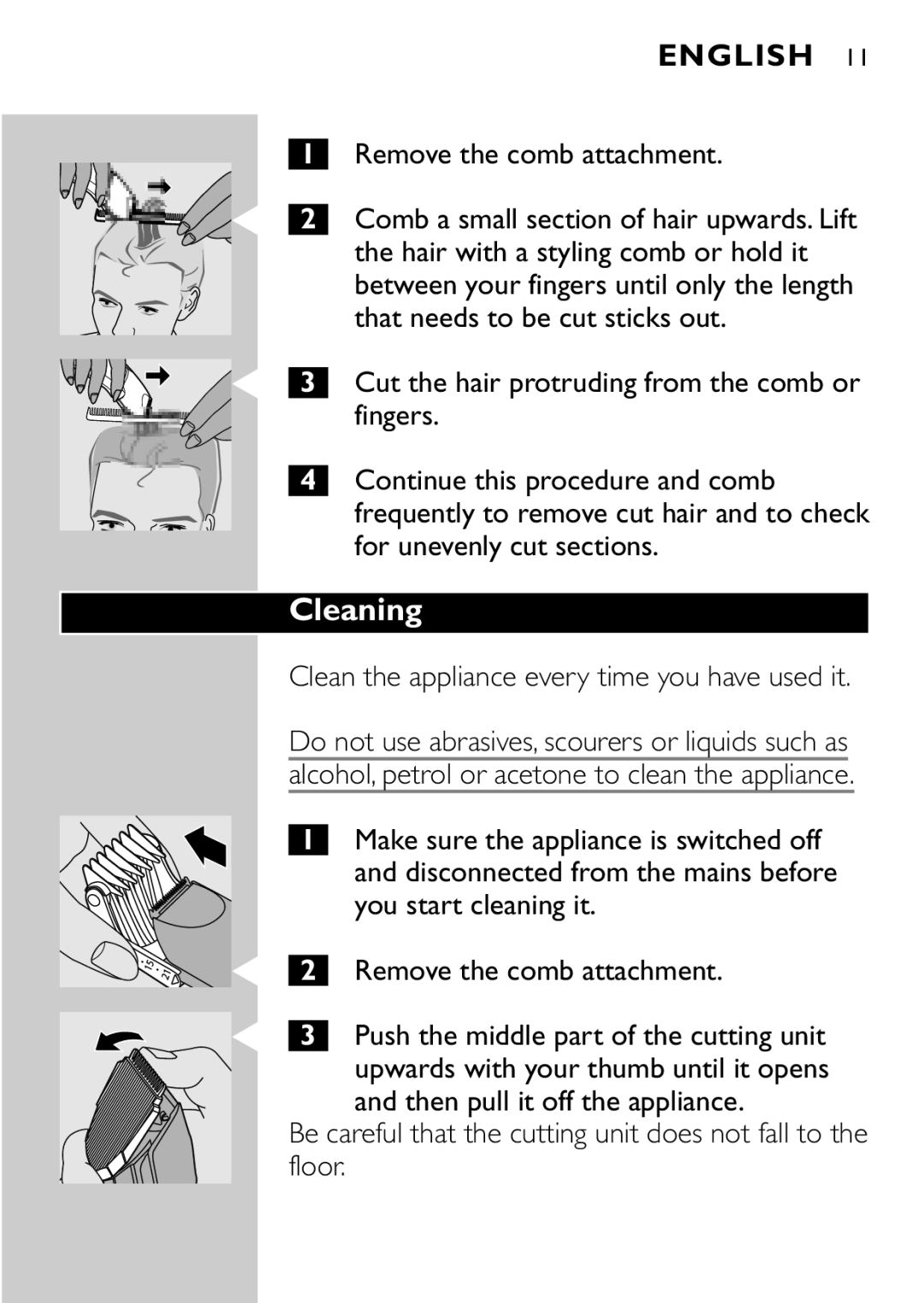 Philips QC5040 manual Cleaning, Remove the comb attachment 