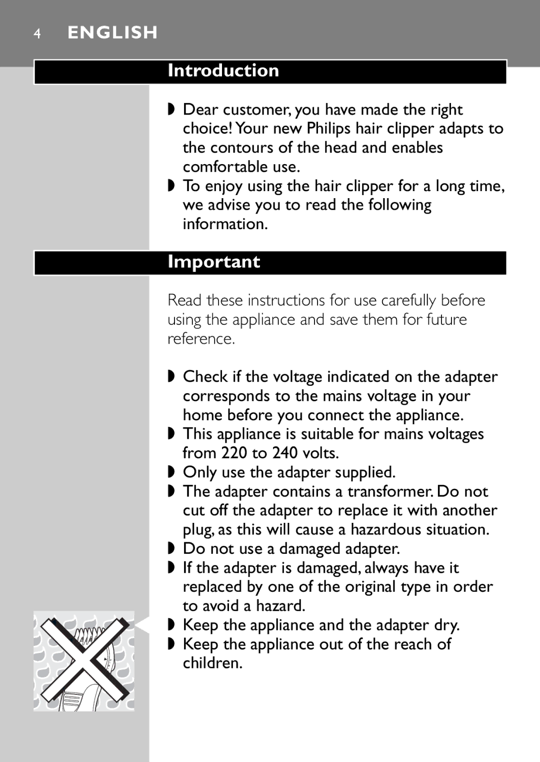 Philips QC5040 manual Introduction, Do not use a damaged adapter 