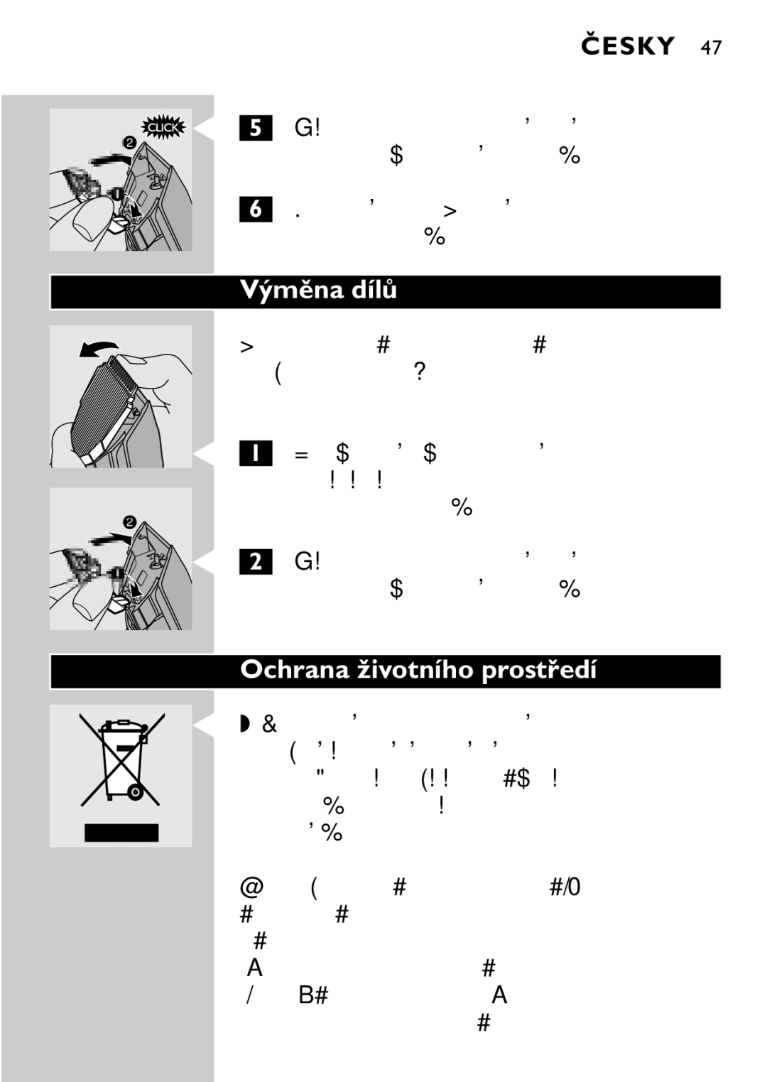 Philips QC5040 manual Výměna dílů, Ochrana životního prostředí, Zářezu a zatlačte ji zpět do přístroje, Slyšitelně zaklapne 