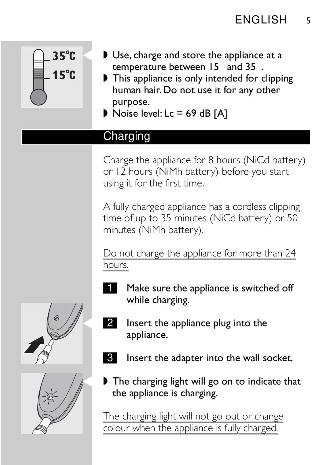 Philips QC5040 manual Charging, English, While charging, Insert the appliance plug into, Appliance 