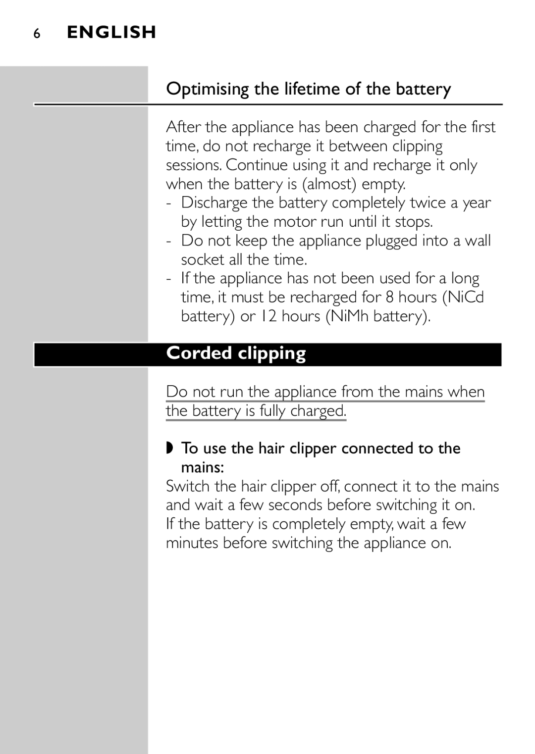 Philips QC5040 manual Optimising the lifetime of the battery, Corded clipping 