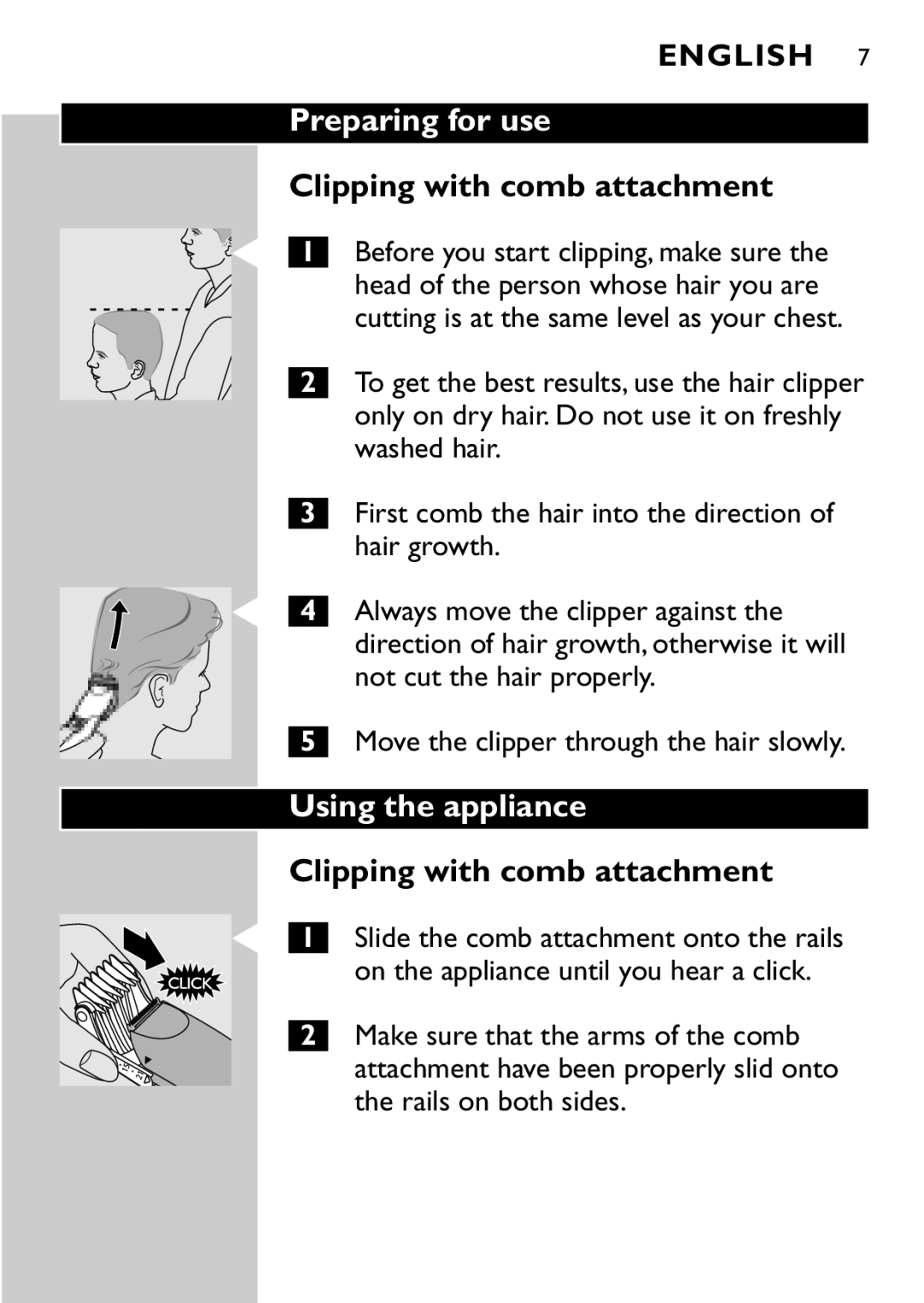 Philips QC5040 manual Preparing for use, Clipping with comb attachment, Using the appliance 