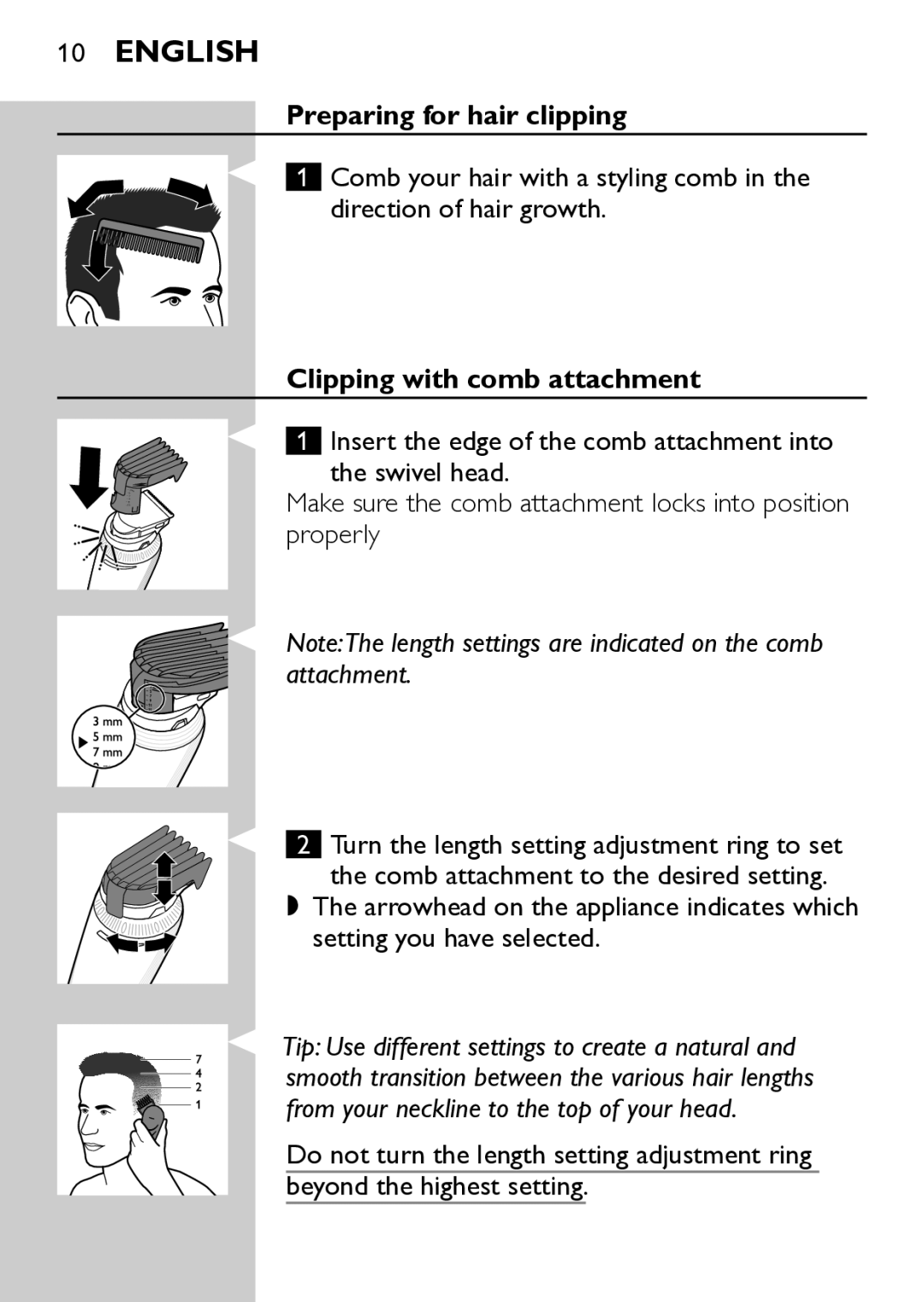 Philips QC5570 user manual Preparing for hair clipping, Clipping with comb attachment  