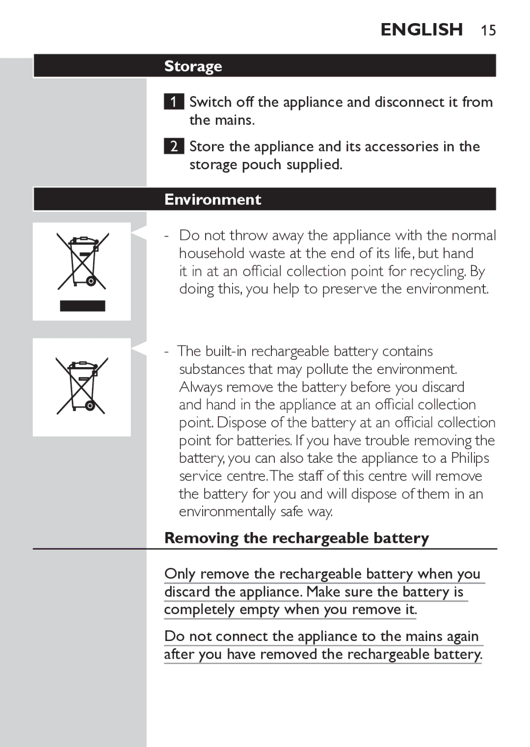 Philips QC5570 user manual Storage, Environment, Removing the rechargeable battery 