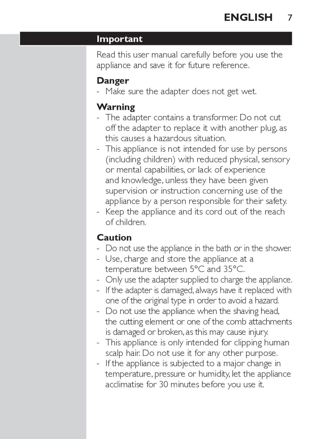 Philips QC5570 user manual Keep the appliance and its cord out of the reach of children 