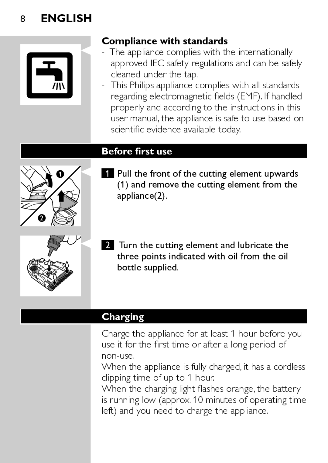 Philips QC5570 user manual Compliance with standards, Before first use, Charging 