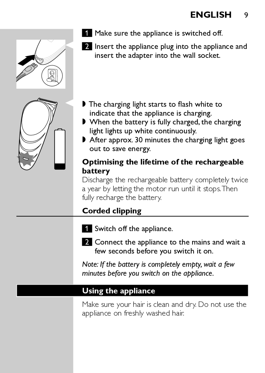 Philips QC5570 user manual Optimising the lifetime of the rechargeable battery, Corded clipping, Using the appliance 