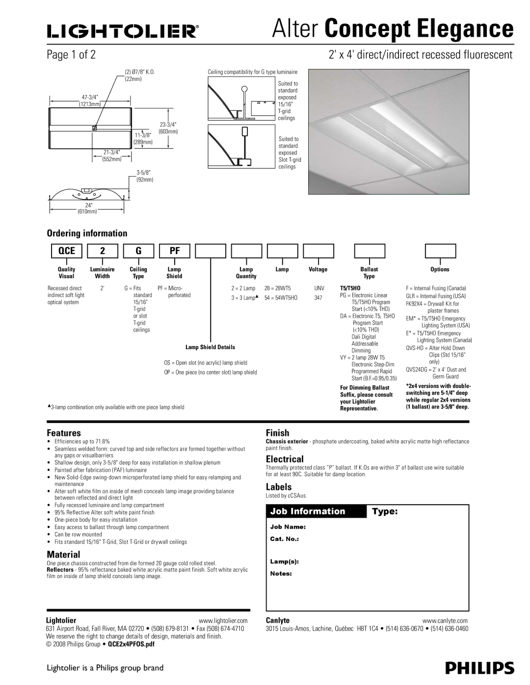 Philips QCE2X4PFOS manual Ordering information, Features, Material, Finish, Electrical, Labels 