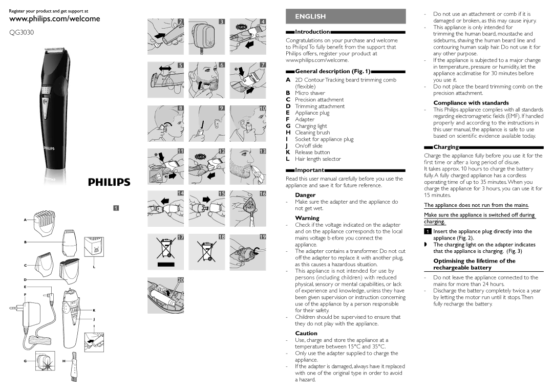 Philips QG3030 user manual Introduction General description, Compliance with standards Charging 