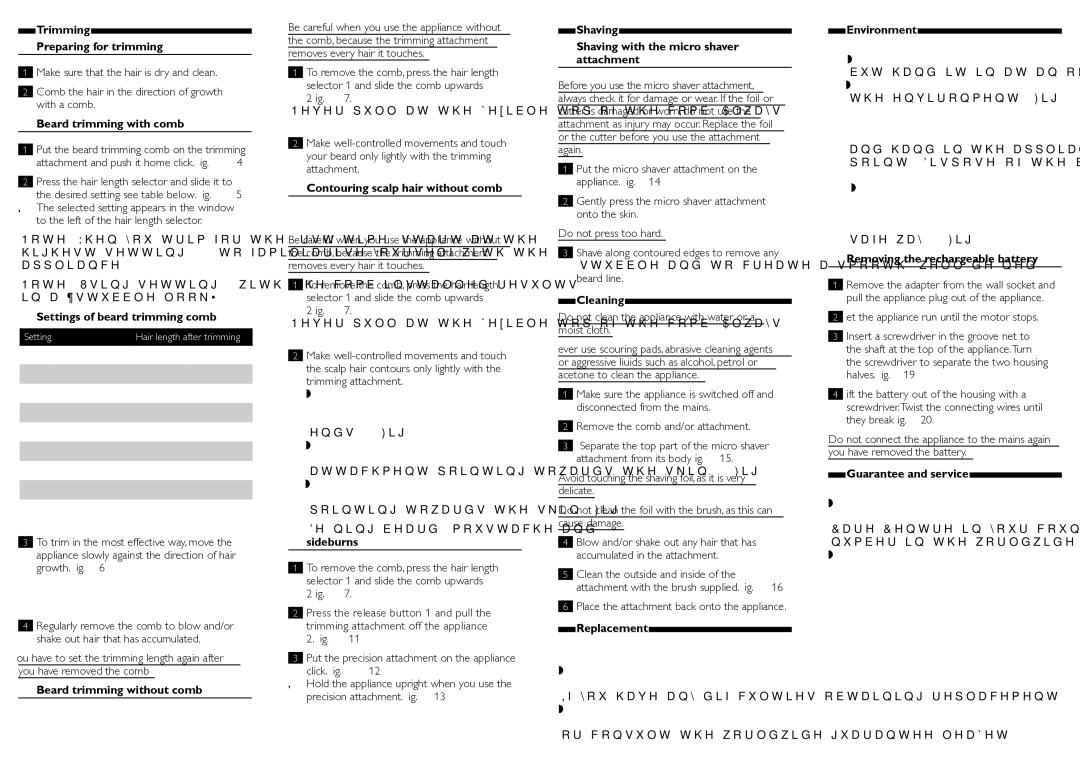Philips QG3030 Trimming Preparing for trimming, Beard trimming with comb, Settings of beard trimming comb, Cleaning 