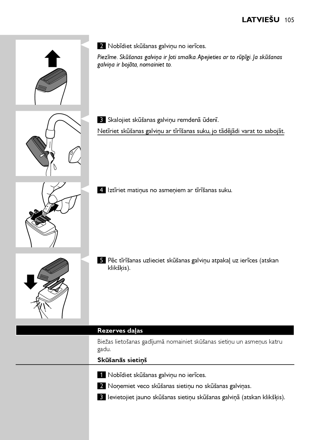 Philips QS6140 manual Nobīdiet skūšanas galviņu no ierīces, Skalojiet skūšanas galviņu remdenā ūdenī, Rezerves daļas 