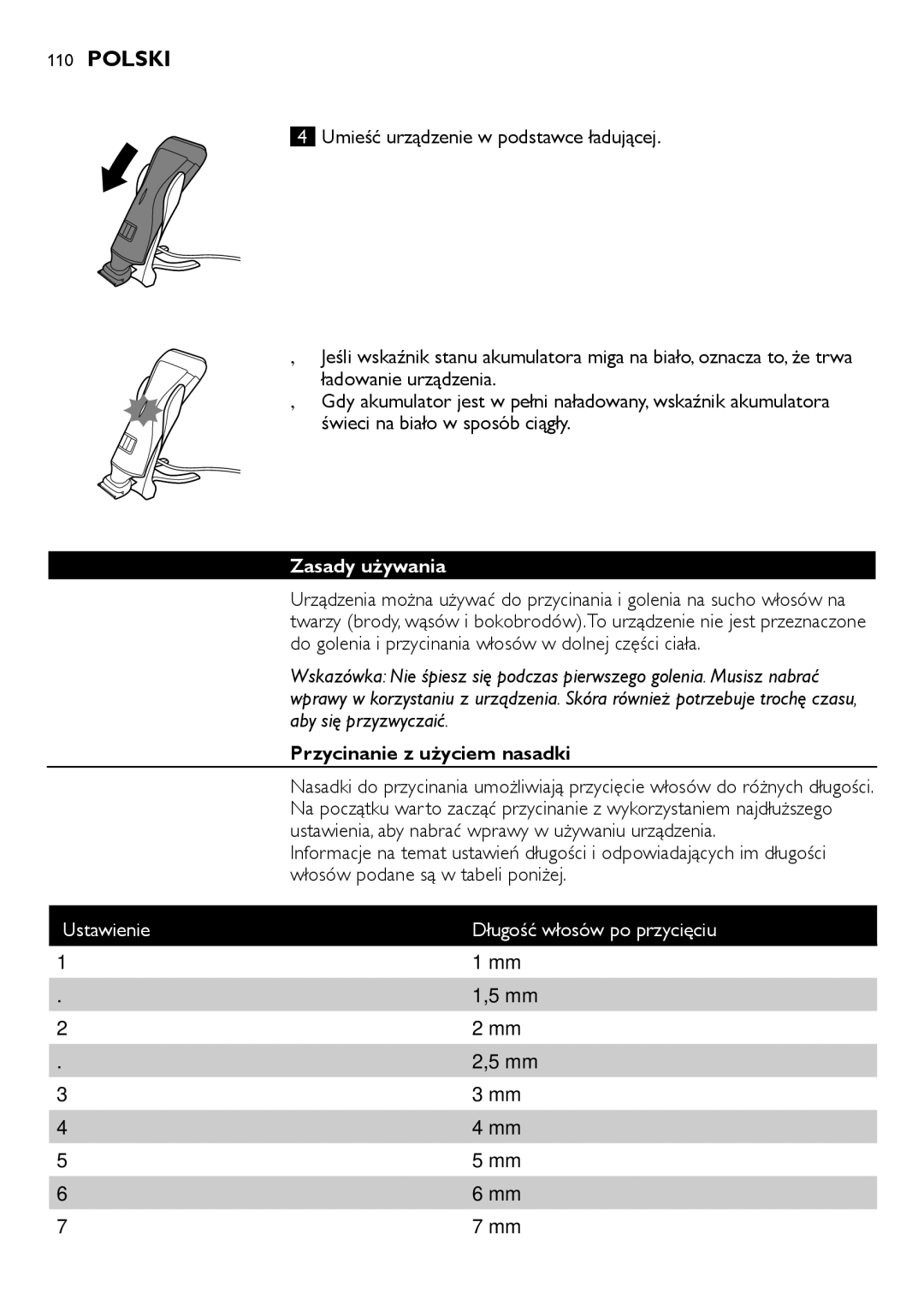 Philips QS6140 manual Zasady używania, Do golenia i przycinania włosów w dolnej części ciała, Przycinanie z użyciem nasadki 