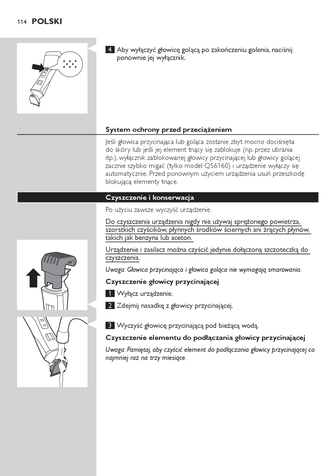 Philips QS6140 manual System ochrony przed przeciążeniem, Czyszczenie i konserwacja, Czyszczenie głowicy przycinającej 