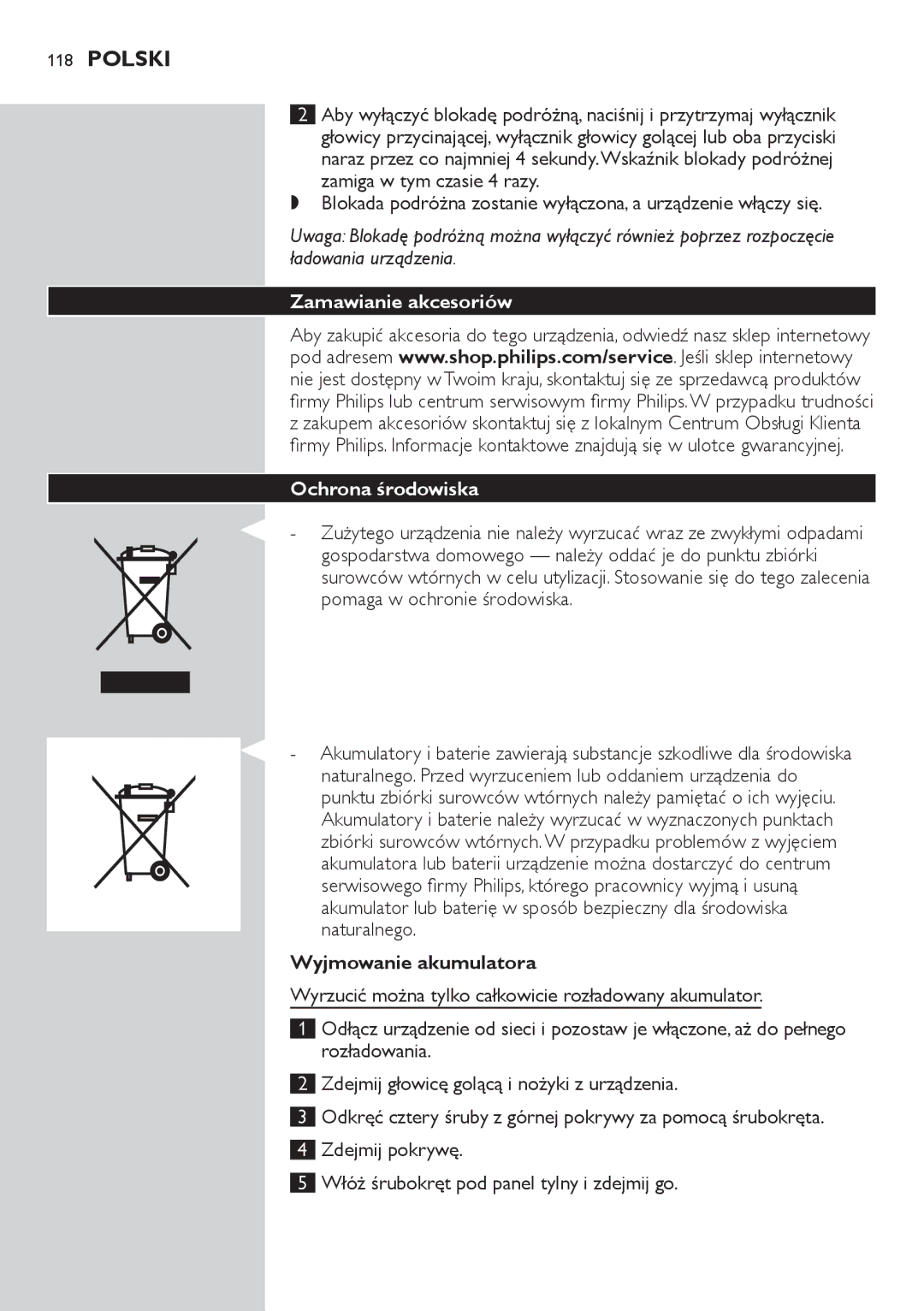 Philips QS6140 manual Zamawianie akcesoriów Ochrona środowiska, Wyjmowanie akumulatora 