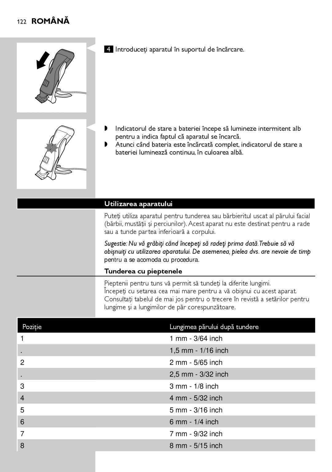 Philips QS6140 manual 122 Română, Utilizarea aparatului, Tunderea cu pieptenele 