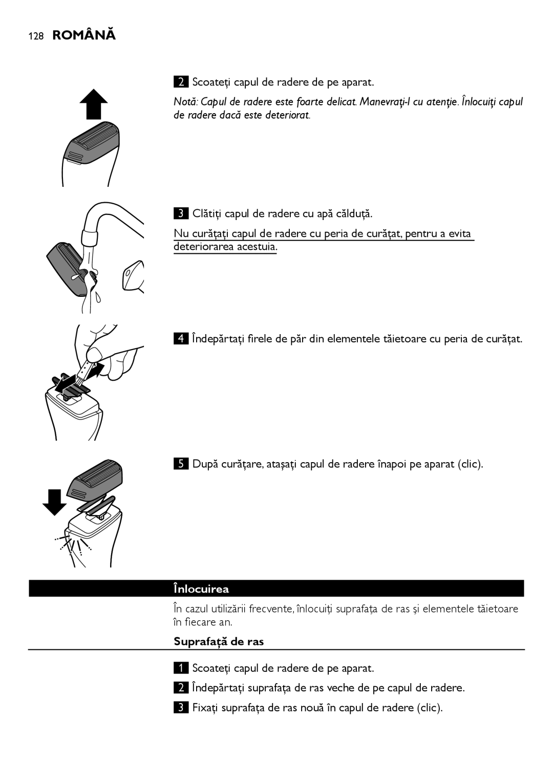 Philips QS6140 manual 128 Română, Scoateţi capul de radere de pe aparat, Înlocuirea, Suprafaţă de ras 