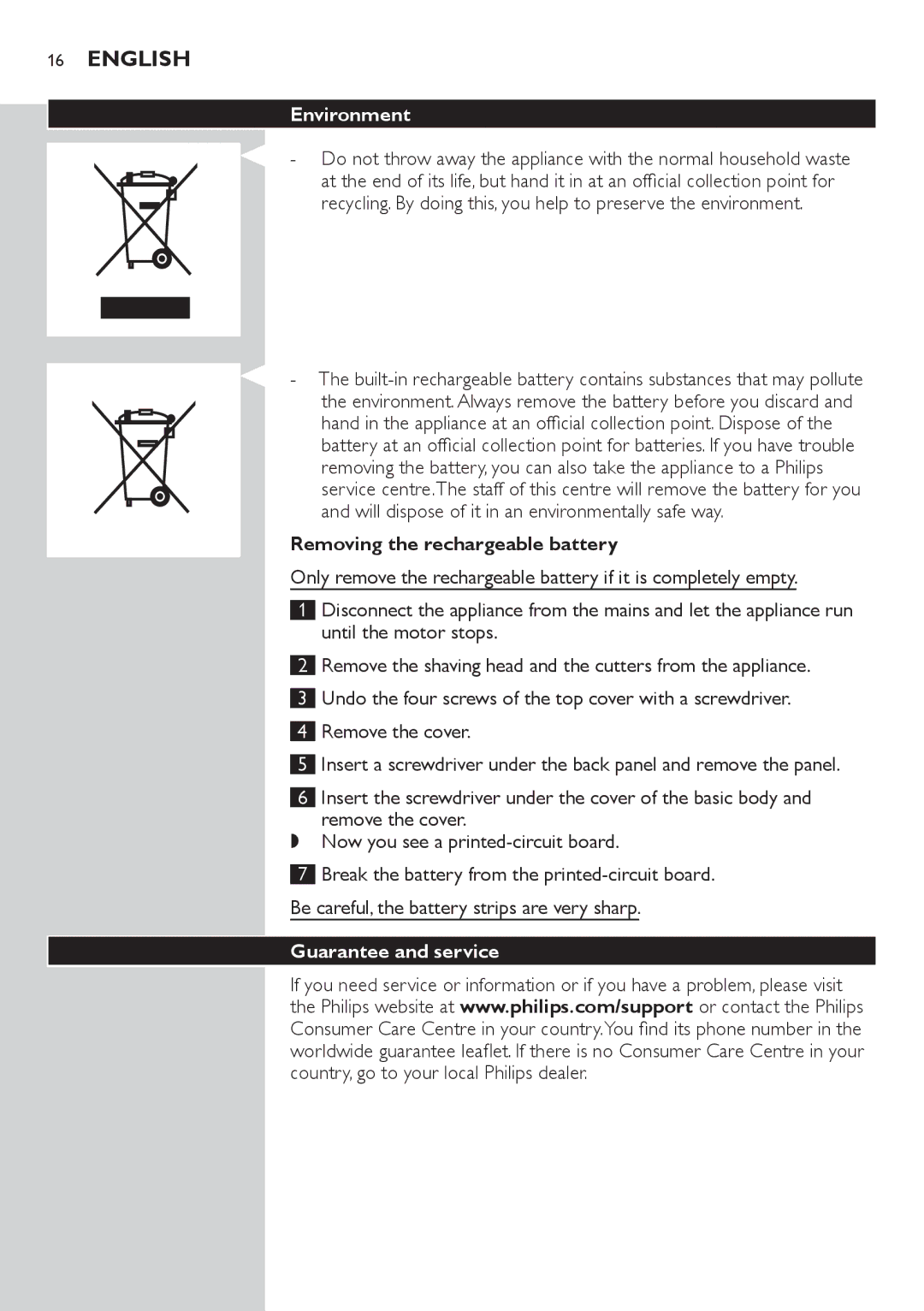 Philips QS6140 manual Environment, Removing the rechargeable battery, Guarantee and service 