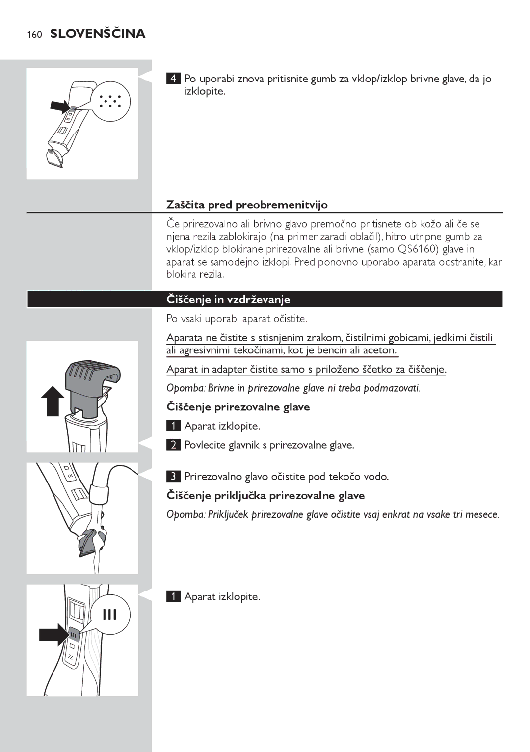 Philips QS6140 manual Zaščita pred preobremenitvijo, Čiščenje in vzdrževanje, Čiščenje prirezovalne glave 