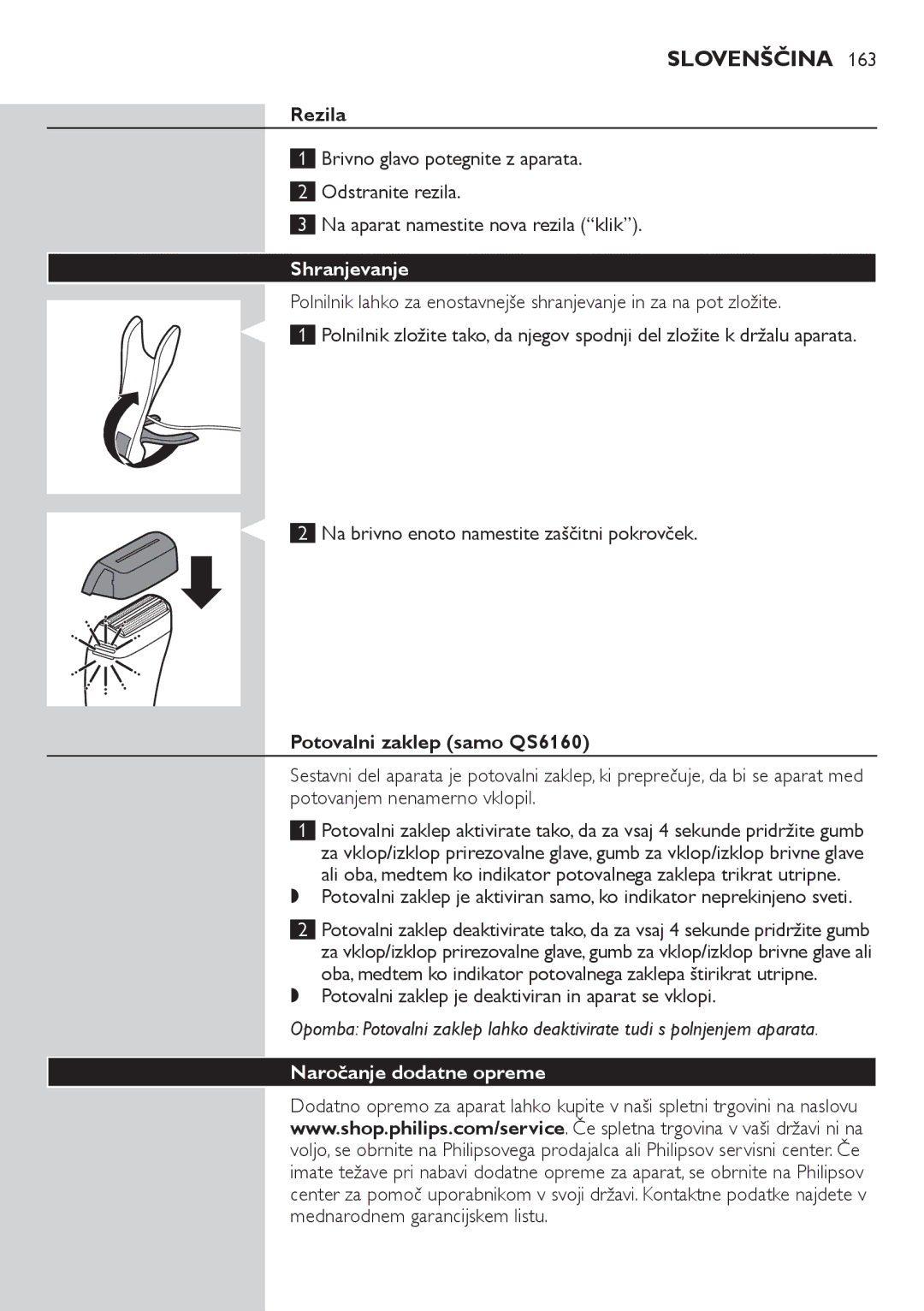 Philips QS6140 manual Rezila, Shranjevanje, Potovalni zaklep samo QS6160, Naročanje dodatne opreme 