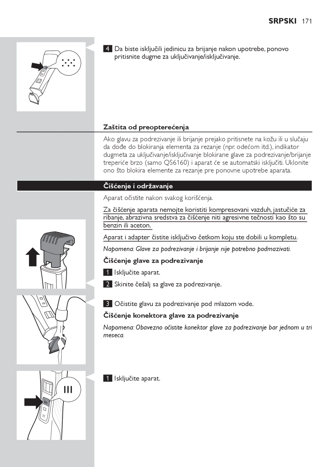 Philips QS6140 manual Zaštita od preopterećenja, Čišćenje konektora glave za podrezivanje 