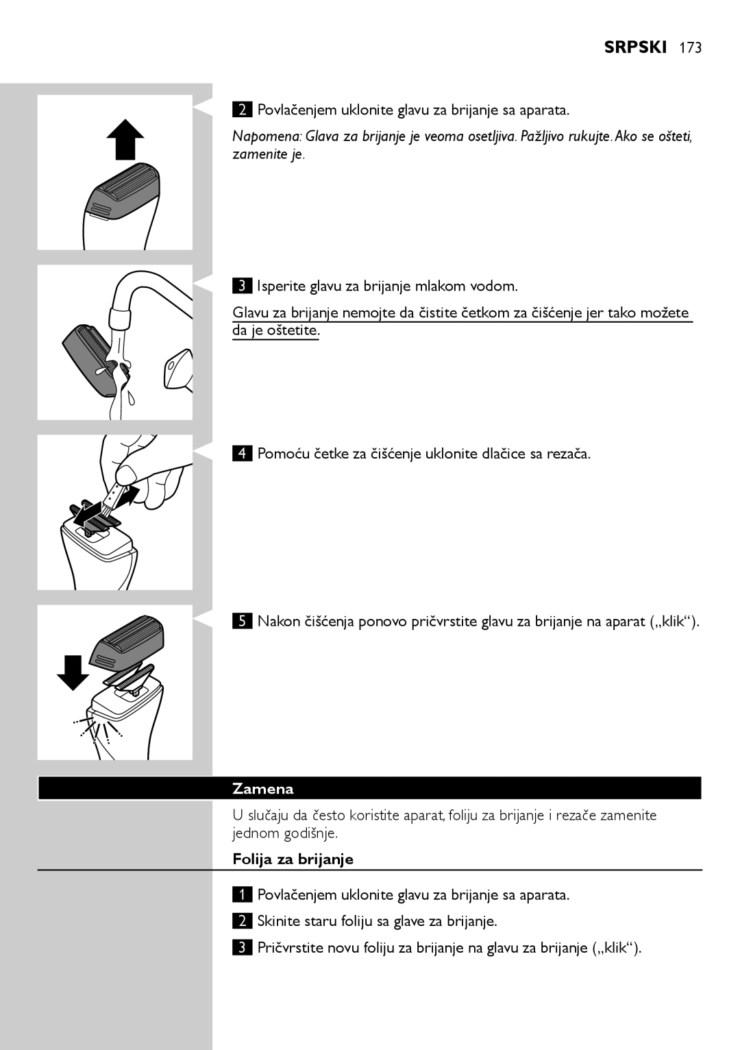 Philips QS6140 manual Povlačenjem uklonite glavu za brijanje sa aparata, Zamena, Folija za brijanje 