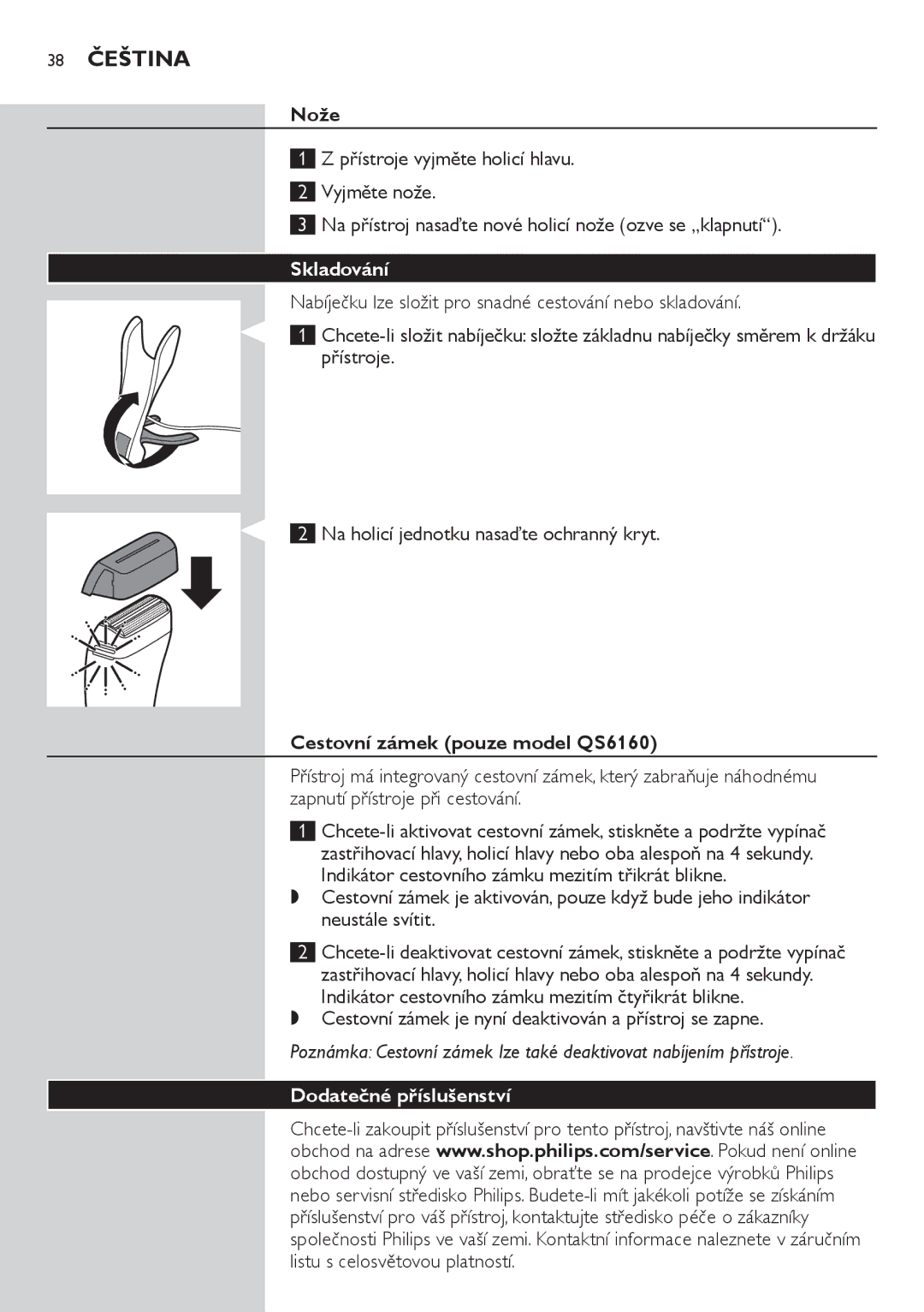 Philips QS6140 manual 38 Čeština, Nože, Skladování, Cestovní zámek pouze model QS6160, Dodatečné příslušenství 