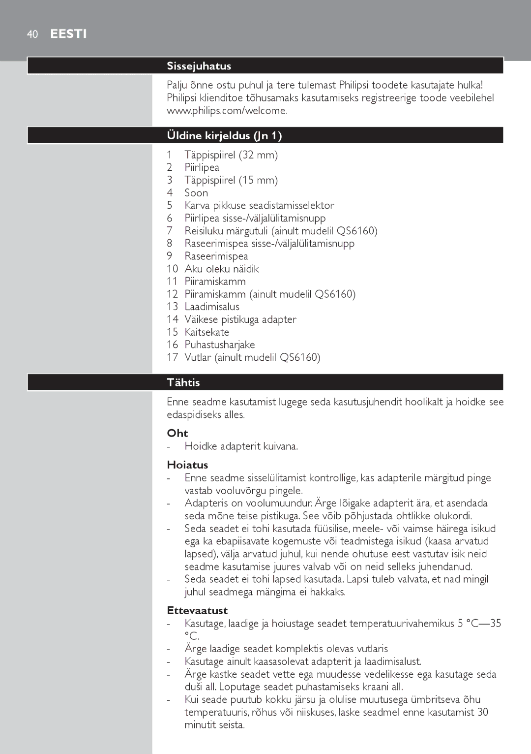 Philips QS6140 manual Eesti, Sissejuhatus, Üldine kirjeldus Jn 1, Tähtis 