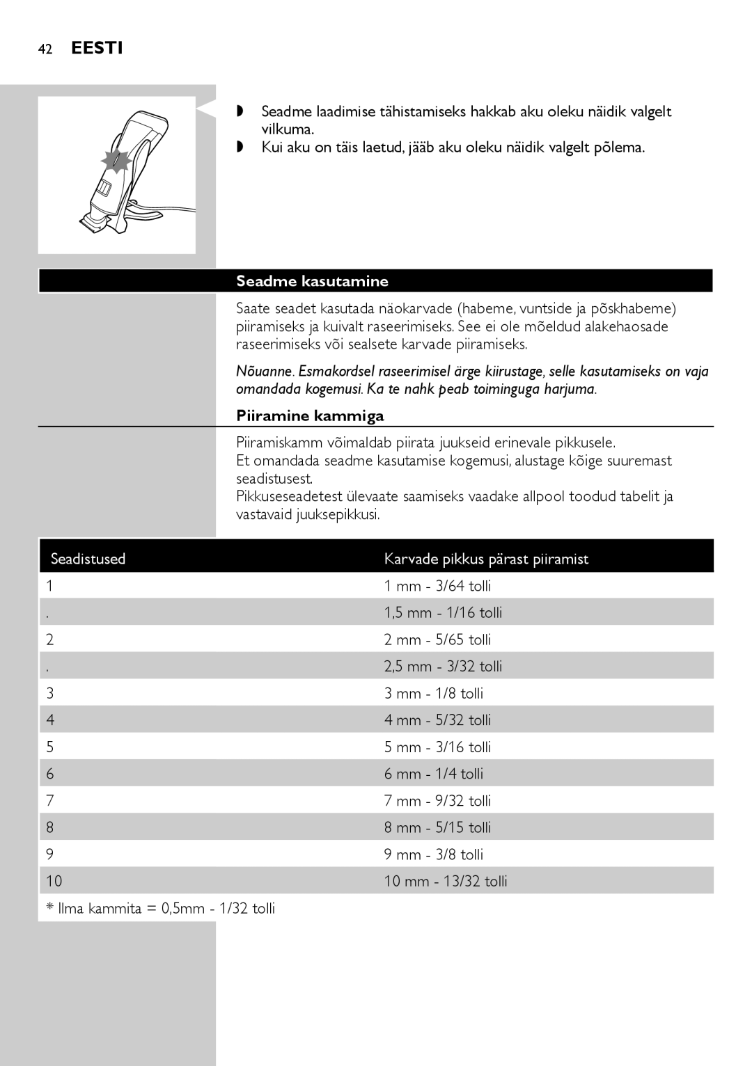 Philips QS6140 manual Seadme kasutamine, Piiramine kammiga 