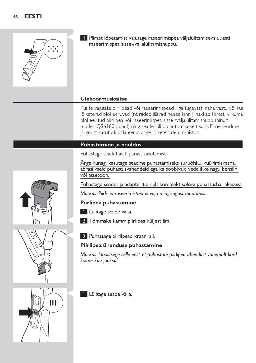 Philips QS6140 manual Ülekoormuskaitse, Puhastamine ja hooldus, Piirlipea puhastamine, Piirlipea ühenduse puhastamine 