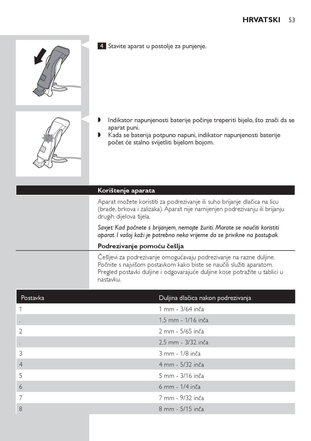 Philips QS6140 manual Korištenje aparata, Podrezivanje pomoću češlja 