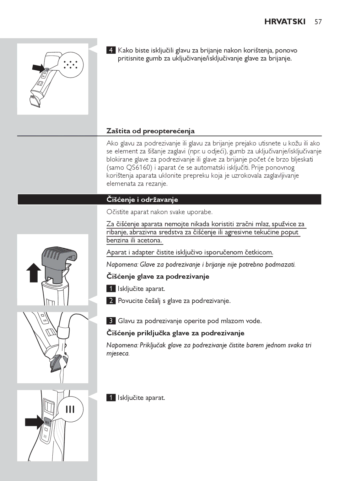 Philips QS6140 manual Zaštita od preopterećenja, Čišćenje i održavanje, Čišćenje glave za podrezivanje, Isključite aparat 