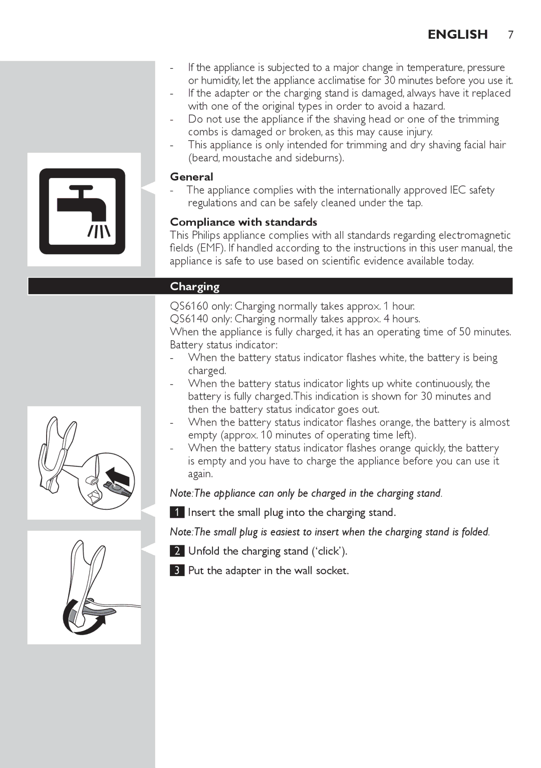 Philips QS6140 manual English, General, Compliance with standards, Charging 