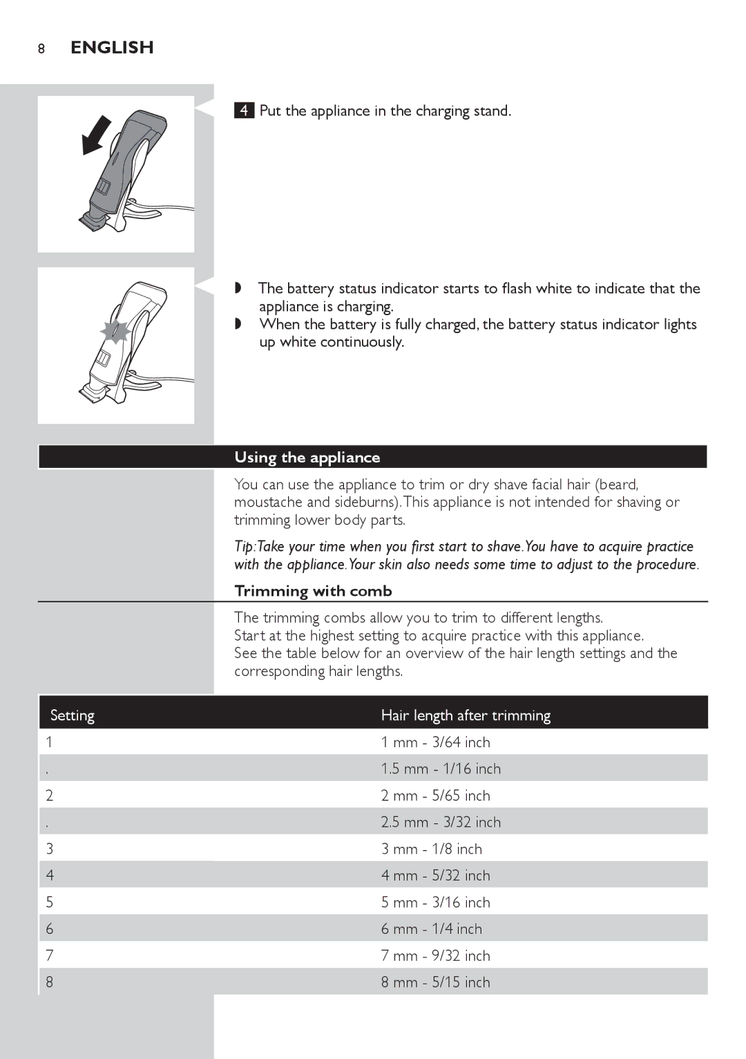 Philips QS6140 manual Using the appliance, Trimming with comb 