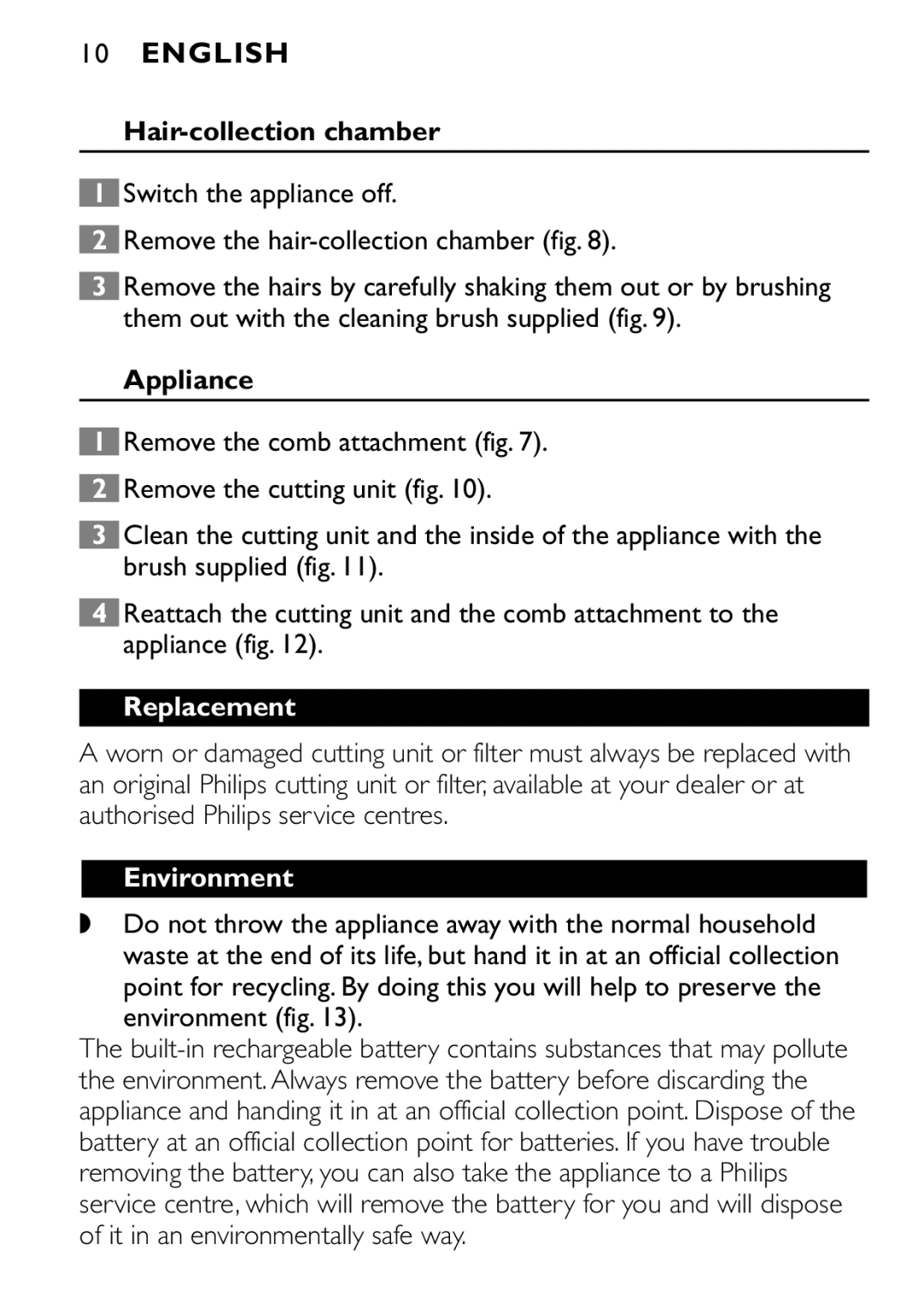 Philips QT4045 manual Hair-collection chamber, Appliance, Replacement, Environment 