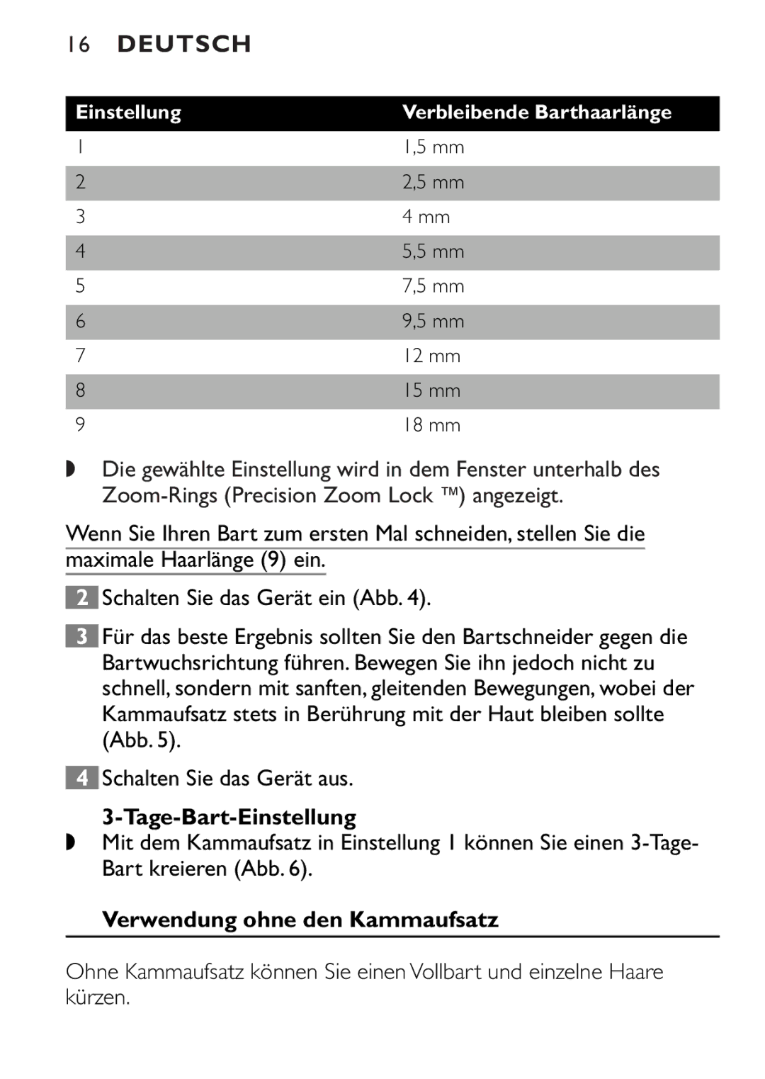 Philips QT4045 manual Tage-Bart-Einstellung, Verwendung ohne den Kammaufsatz 