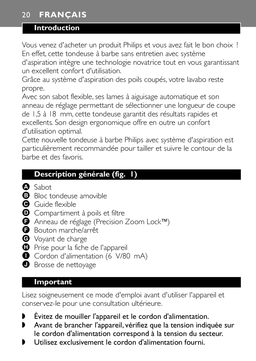 Philips QT4045 manual Français, Description générale fig, Sabot, Utilisez exclusivement le cordon dalimentation fourni 