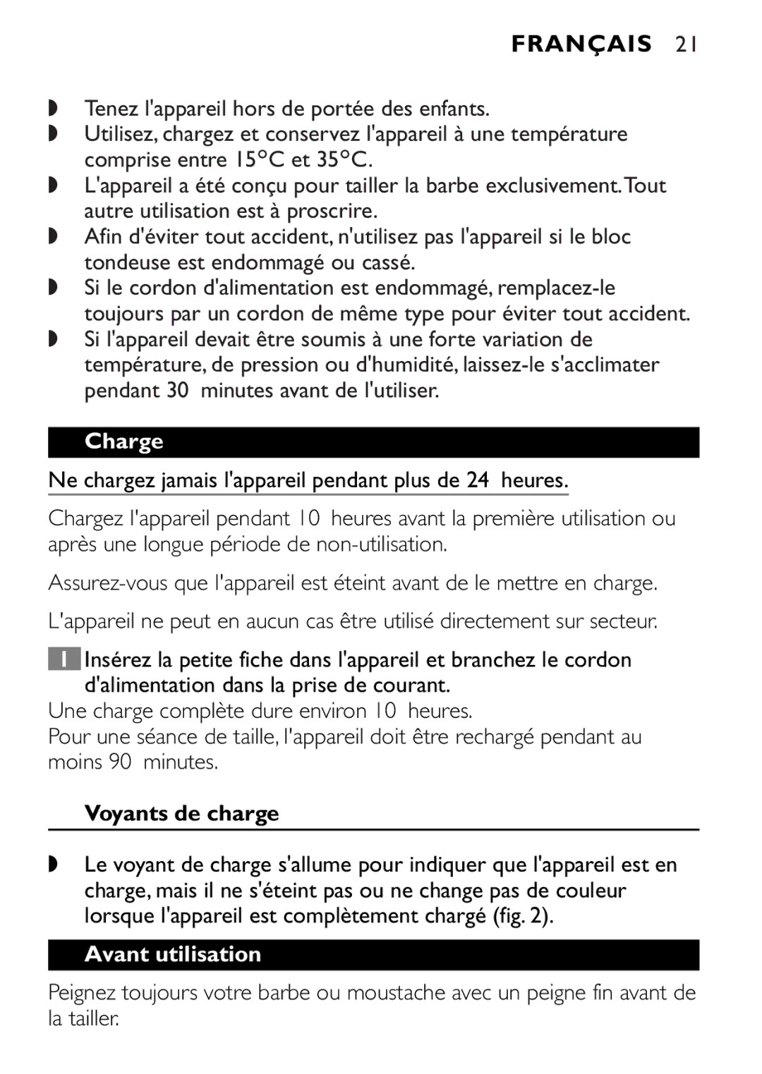 Philips QT4045 manual Français, Charge, Voyants de charge, Avant utilisation 